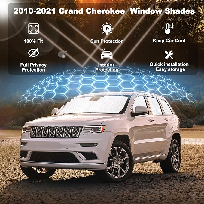 XCBYT 2010-2021 Grand Cherokee Full Coverage Window Shades | 6-Layer Blackout Insulated Sun & UV Protection | Custom Fit Privacy Covers for Camping, Sleeping & Car Living (8 PCS)