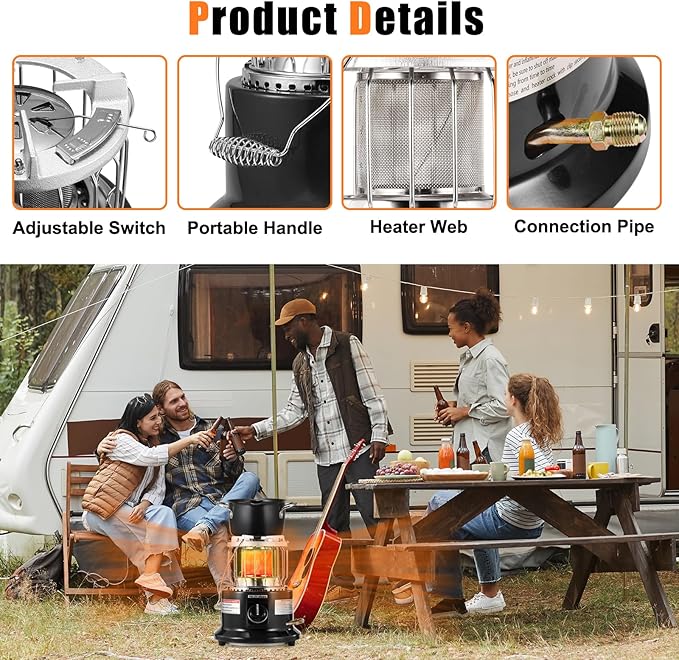 2-in-1 Portable Propane Heater and Stove 13000 BTU Dual Function for Indoor & Outdoor Use Compact Design with Carry Handle for Camping, Garage, Patio, Ice Fishing, Emergency, Black