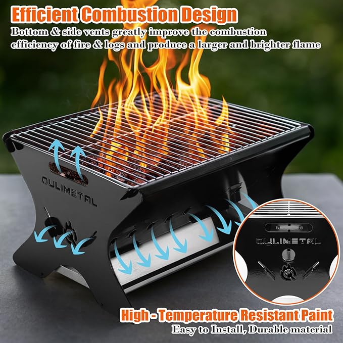 QuliMetal Portable Camping Grill – Foldable Charcoal/Gas Grill with Carry Bag | Heavy-Duty Backpacking BBQ & Fire Pit Grill for Outdoor Cooking, Camping, Tailgating, Patio & Backyard