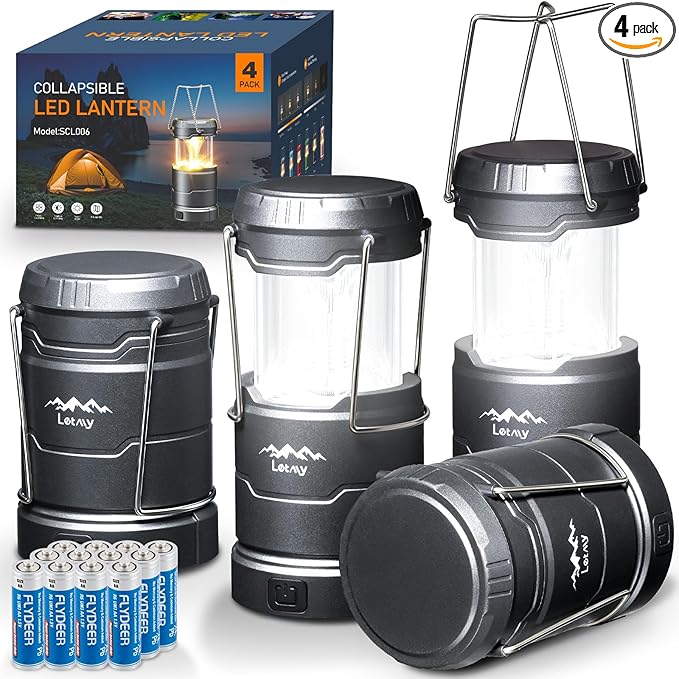 LETMY LED Camping Lantern for Power Outages, 3 Color Modes & Dimmable Battery Powered Lantern, IP65 Waterproof & Collapsible, Lanterns Flashlight Survival Kits for Emergency Hurricane Hiking, 4 Pack