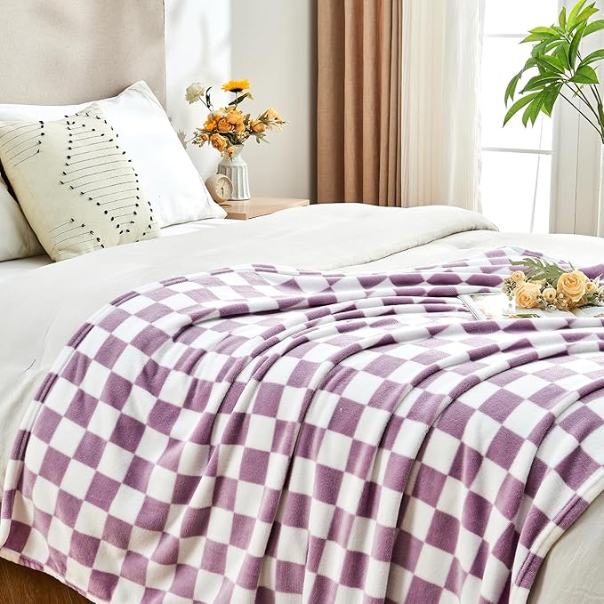 Edenleaf Checkered Blanket Flannel Throw Blankets Soft Cozy Checkered Grid Print Chessboard Gingham Pattern Throws for Bed Sofa Couch for All Seasons, 60x80 Inch, Purple