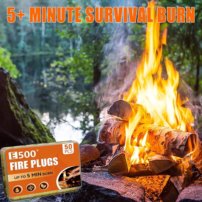 E500 Fire Plugs, 50 Pack Fire Starter Plugs, Waterproof & Wind Resistant, Long Burning Fire Starter for Campfires, Fireplaces, Grills & Outdoor Use