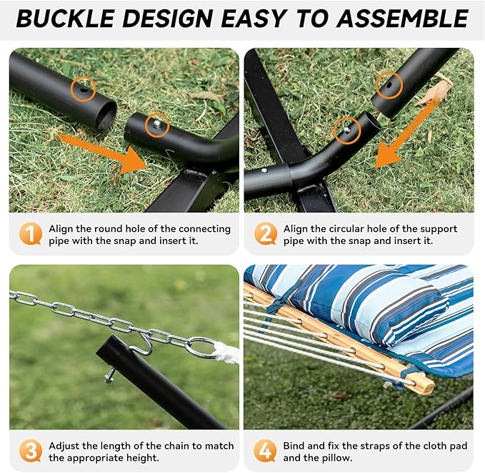 Everyfun 2 Person Outdoor Hammock with Stand, Cotton Rope Hammock with Polyester Pad, Adjustable Steel Frame, Portable with Carrying Bag – for Patio, Backyard, Garden, Beach, Blue Stripe