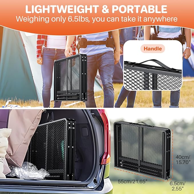 FUNYKICH Wider and Taller Grill Table 31.5''x21.6'', Max Height 29.4'' Portable Camping Tables, 2 Height Adjustable Lightweight Metal BBQ Table with Carry Handle for Camping, Picnic, BBQ, Black