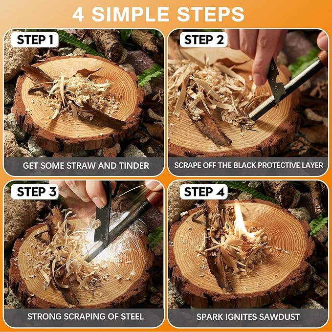 Fire Starter Survival Tool - Handmade Wooden Handle 3/8"" Thick Ferro Rod with Striker and Umbrella Rope Waterproof Iron Rod Flint and Steel Fire Starter Kit