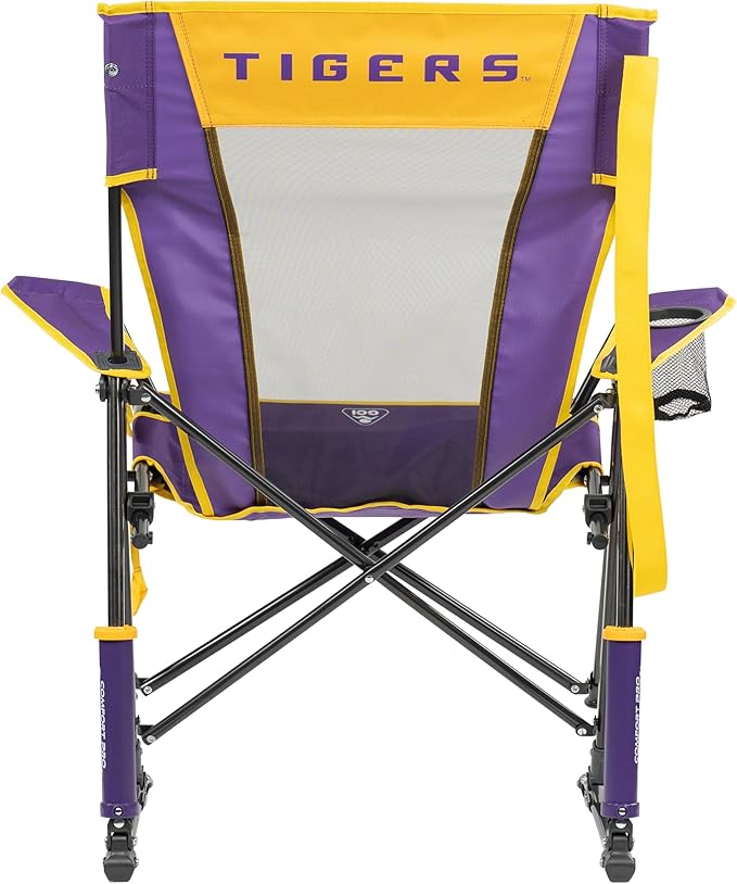 GCI Outdoor Comfort Pro Rocker Camping Chair | Portable Folding Rocking Chair with Durable Armrests & Drink Holder | Official Collegiate Licensed Sideline Sports Chair | LSU Tigers