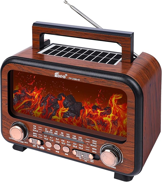 Retro Portable Radio AM FM SW Shortwave Radio with Bluetooth Speaker,Flame Atmosphere Lamp Battery Operated,SUB Charging, TF Card (Wood Tone)