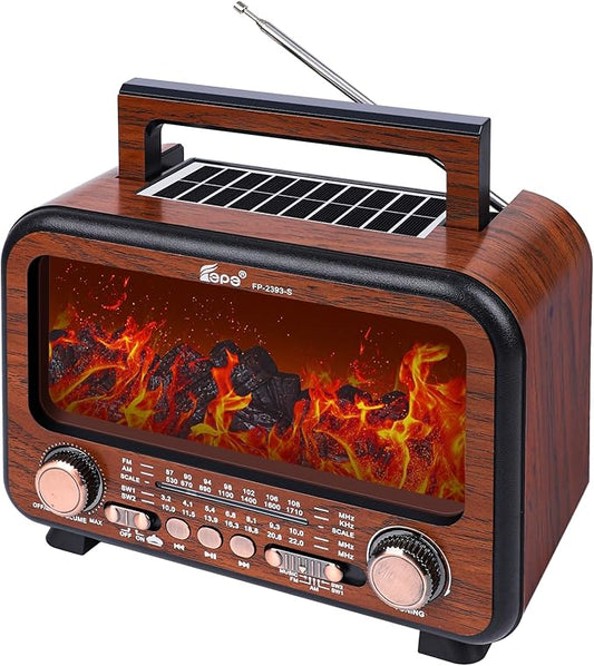 Retro Portable Radio AM FM SW Shortwave Radio with Bluetooth Speaker,Flame Atmosphere Lamp Battery Operated,SUB Charging, TF Card (Wood Tone)