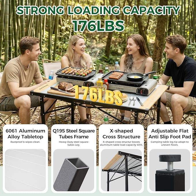 KingCamp Folding Camping Table, Aluminum Roll-Up Camp Table, Large Foldable Table for 4-6 Person, Outdoor Portable Tables with Carry Bag, 176 LBS Heavy Duty Load (Bamboo：40.16“x27.5”，4-6 People)