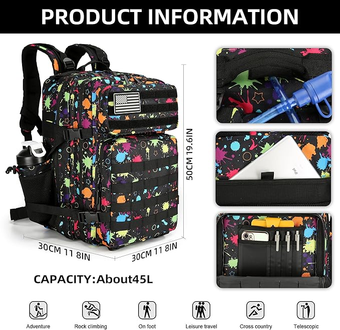 Lovelinks21 Tactical Assault Backpack - 45L 3 Day Assault Pack with MOLLE, Waterproof Rucksack - Fluorescent Tie Dye