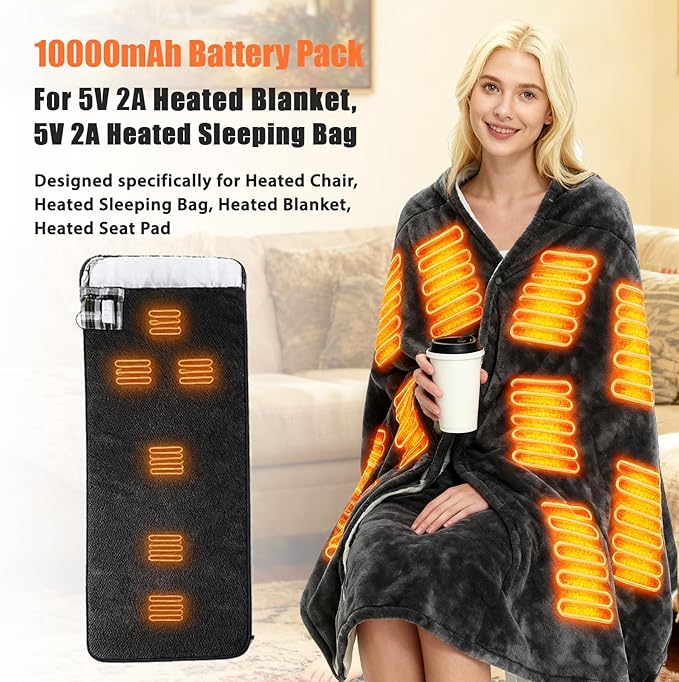5V2A 10000mAh Battery Pack for Electric Heated Camping Chair, Heated Blanket, Heated Hunting Seat Pad, Heated Sleeping Bag USB Power Bank for Camping Work Battery Pack