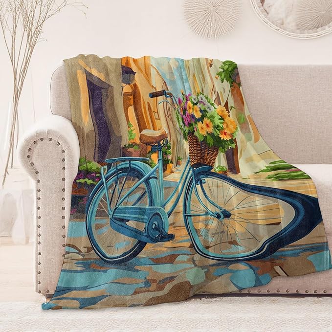 Charming Blue Bicycle Blanket, Cozy Flannel Vintage Bike Throw Blanket, Soft Fuzzy Blankets for Travel Home Decor, All Season Lightweight Couch Bed Cover, Gifts for Women Adults Kids 40"×50"