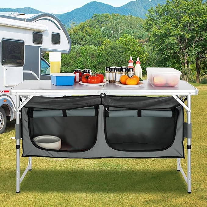 VEVOR Camping Kitchen Station, 3 Adjustable Height Folding Outdoor Camp Cooking Table with Storage Organizer, Quick Set-up for Patio BBQ Picnic Glamping Traveling