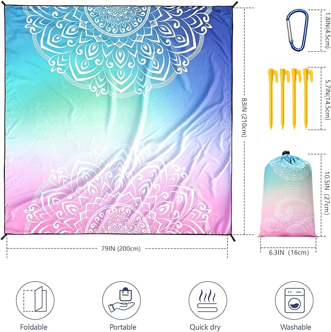 HIHOHO Beach Blanket Waterproof Sandproof Extra Large Beach Mat 79" X 83"/120"x108"for 1-8 Adults Quick Drying Durable Outdoor Picnic Mat for Beach Travel Camping Hiking