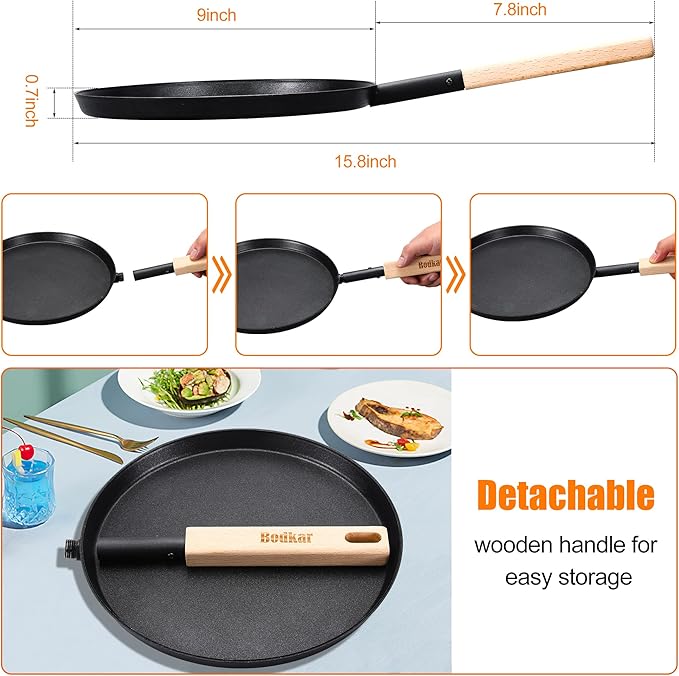 bodkar Frying Pan Skillet 8-inch Flat Griddle Pan, Lightweight Small Grill Pan with Wooden Handle for Camping Indoor Outdoor Cooking