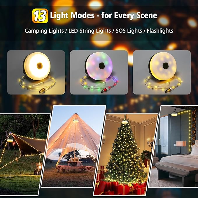 Solar Camping Lights 180LEDs 33FT,Rechargeable 4 in1 Camping String Lights with13 Modes&Timer,Waterproof Christmas Twinkle Lights for Tent,Yard,Outdoor,Garden,Hiking,Travel Decor