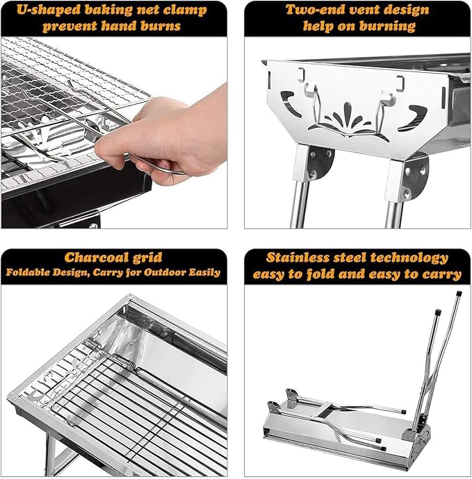 Barbecue Charcoal Grill Stainless Steel Folding Portable BBQ Tool Kits for Outdoor Cooking Camping Hiking Picnics Tailgating Backpacking or Any Outdoor Event (Large)