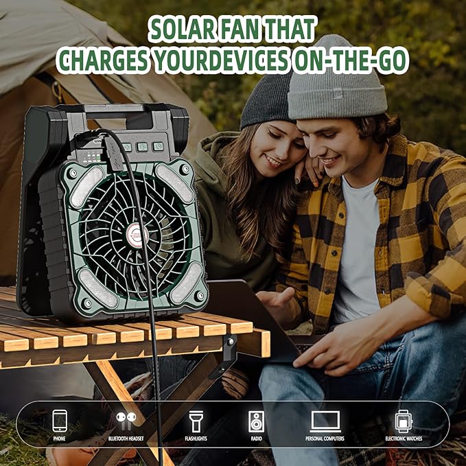 Solar Powered Portable Camping Fan,10400mAh rechargeable Solar Power Cordless Battery Fan with LED Lantern | 4 Wind Speeds Adjustable | 3 Timers Modes | Quiet , Perfect for Tent, Fishing ,Picnic