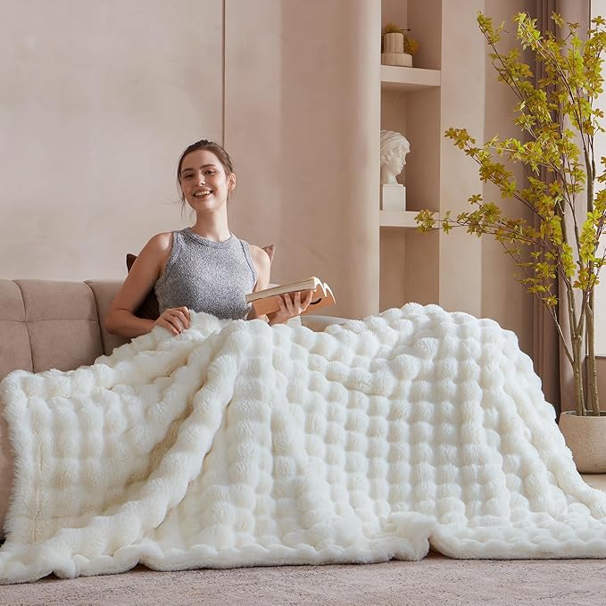 50x60 Inches Ultra-Soft Fuzzy Faux Fur Plush Throw Blanket - Thick, Warm Sherpa for Couch, Sofa, Bedroom, Camping - Decorative Blanket for Cozy Warmth, Bubble Ivory White