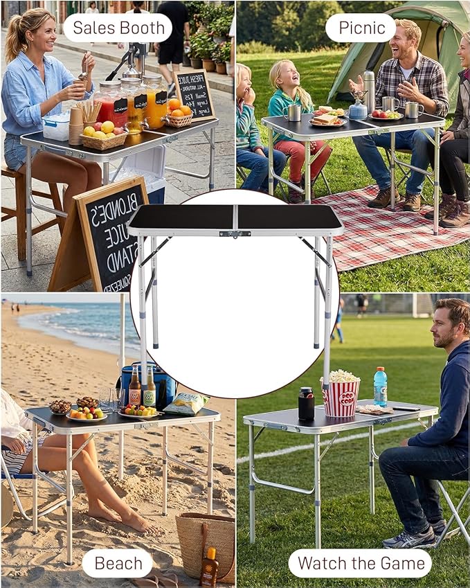Outvita 3ft Portable Folding Camping Table, Outdoor Waterproof Adjustable Height Table, Aluminum Lightweight Suitcase Foldable Table for Picnic BBQ Beach Dining