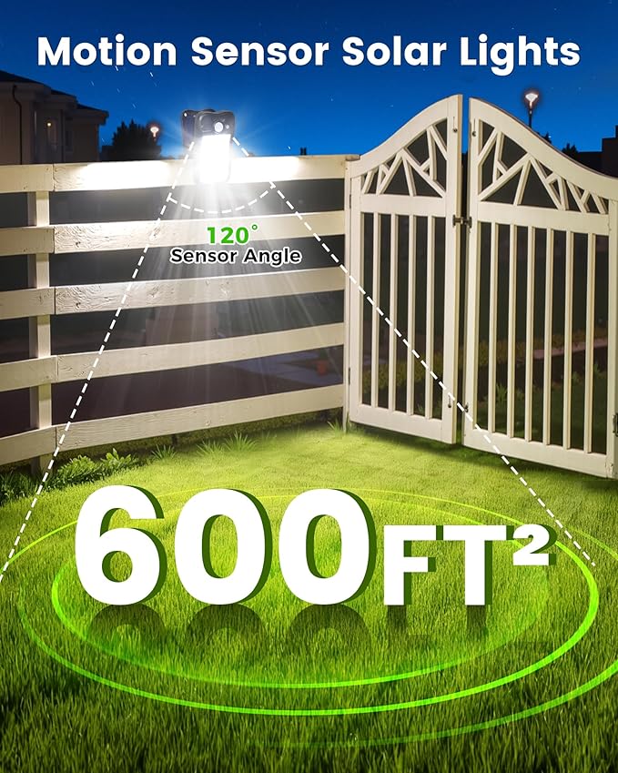 Clip on Solar Lights for Fence, 3 Modes Solar Motion Lights Outdoor Waterproof, 60LEDs 500LM Portable Security Light for Fence, Deck, Garage, Camping, USB Charging, 6 Black