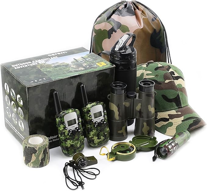 Kids Explorer Kit - 10-in-1 Nature Explore Set with Walkie Talkies, Binoculars, Compass, LED Flashlight - Outdoor Adventure Kit for Boys and Girls - Complete Camping Gear Bundle