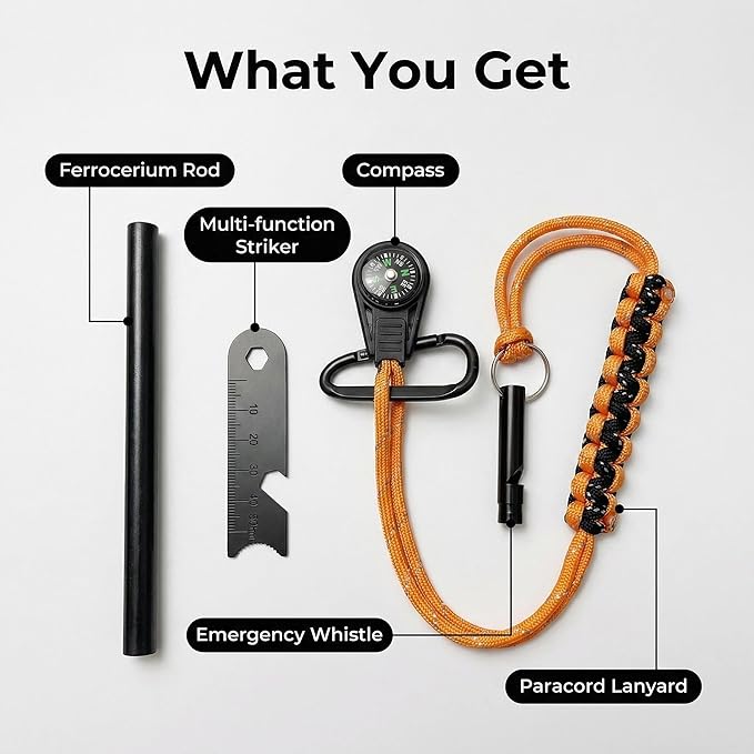 Ferro Rod Fire Starter with Compass, 3/8 Inch Thick Magnesium Ferrocerium Rod，Fire Starter Survival Tool with Multi-Tool Long Strikes, Flint Fire Starters for Camping & Hiking,Outdoor Emergency Kits.