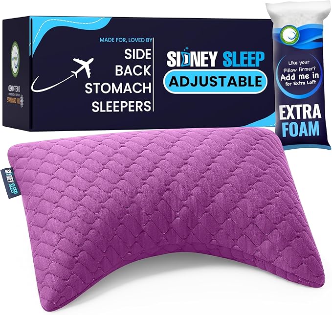 Sidney Sleep Mini Travel Size Neck Pillow - Knee, Back Lumbar and Support - Small Curved Pillow - Adjustable Loft - Washable Cover - Drawstring Backpack Included - 14 x 19 Inches (Mini -Magenta)