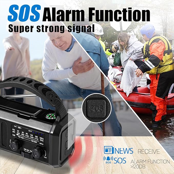 10000mAh Emergency Crank Radio,NOAA/AM/FM Weather Radio, Type-C Charge,Solar Charging,SOS, 3 Modes LED Torch, Reading Lamp, Compass for Outdoor Survival(Black)