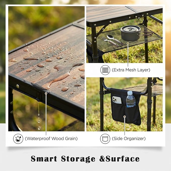 Small Folding Camping Table, 2ft Portable Picnic Table Aluminum 24" x 16" Folding Table, 3 Adjustable Heights Portable Lightweight Table Dining Table for RV, Picnic, Beach (Wood Grain)