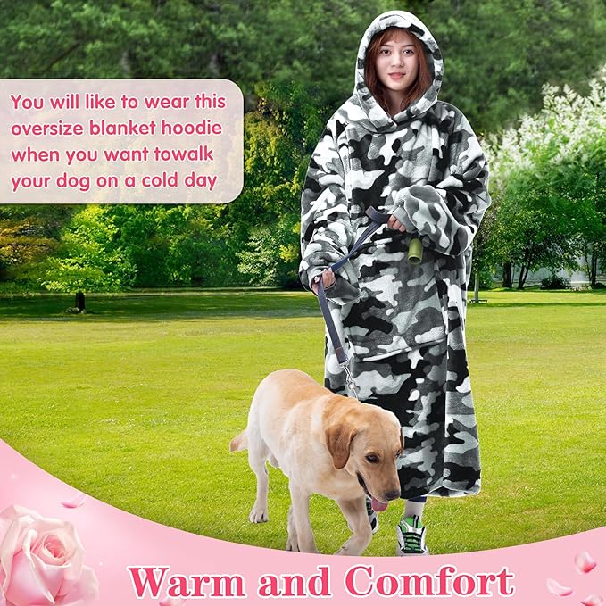 Waitu Wearable Blanket Sweatshirt Gifts for Women and Men, Warm and Cozy Giant Blanket Hoodie, Thick Flannel Blanket with Sleeves and Giant Pocket - Camo