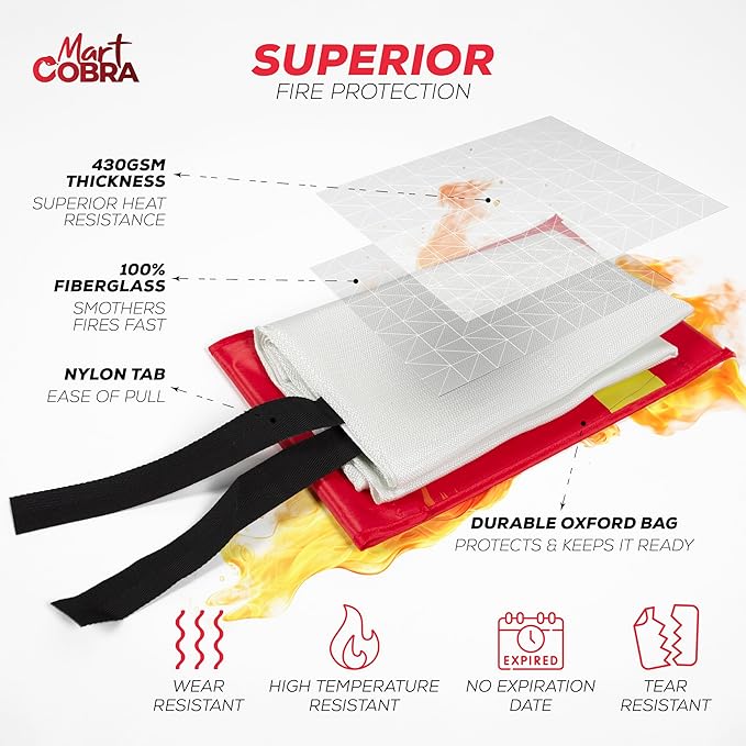 Mart Cobra Emergency Fire Blanket for Home and Kitchen - 4 Pack - Fire Blankets Emergency for Home Safety 40” x 40” - Suppression Shield Retardant Extinguisher Fiberglass Welding Fireproof Cloth Towel