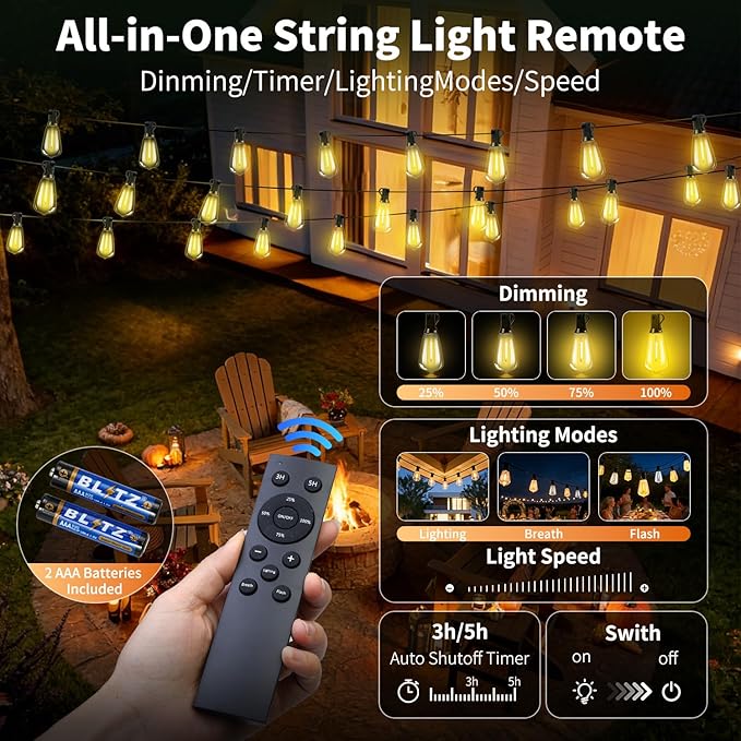 Solar Lights Outdoor Waterproof: ST38 50FT 15M Shatterproof Bulbs Patio Lights - Solar Powered & USB Charging- Remote Control 3 Light Modes Dimmable Solar Light - Camping Backyard Garden
