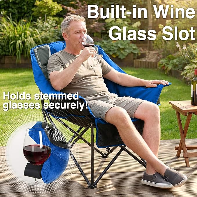 Oversized Camping Chair for Adults - Heavy Duty 400 lbs Padded Folding Chair with Wine Glass Holder, 2 Cup Holders & Side Pockets, Portable Carry Bag for RV, Tailgating, Lawn
