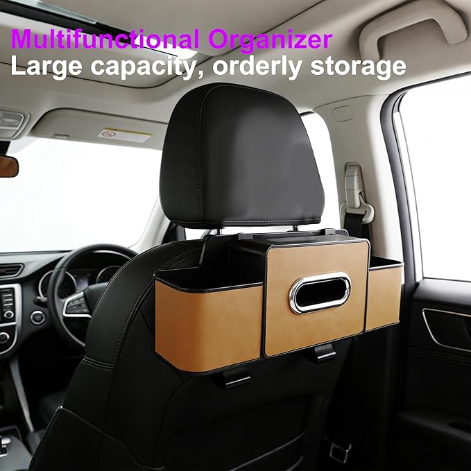 Amooca Back Seat Car Organizer, 4+2 in 1 Multifunctional Car Backseat Storage Box with 3 Cup Holders Tissue Box Hook, Car Interior Storage for Travel Phones Snacks Drinks(Brown)