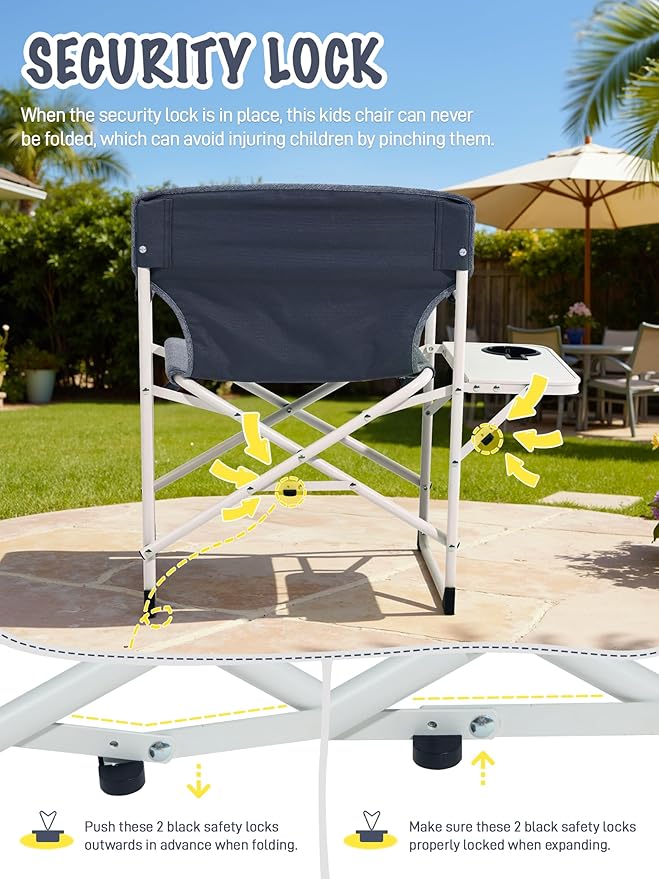 EVER ADVANCED Kids Directors Chair with Side Table, Padded Kids Folding Camping Chair Outdoor with Safety Lock, Lightweight Portable Camp Chairs for Beach, Balcony, Patio, Supports 150lbs, Grey
