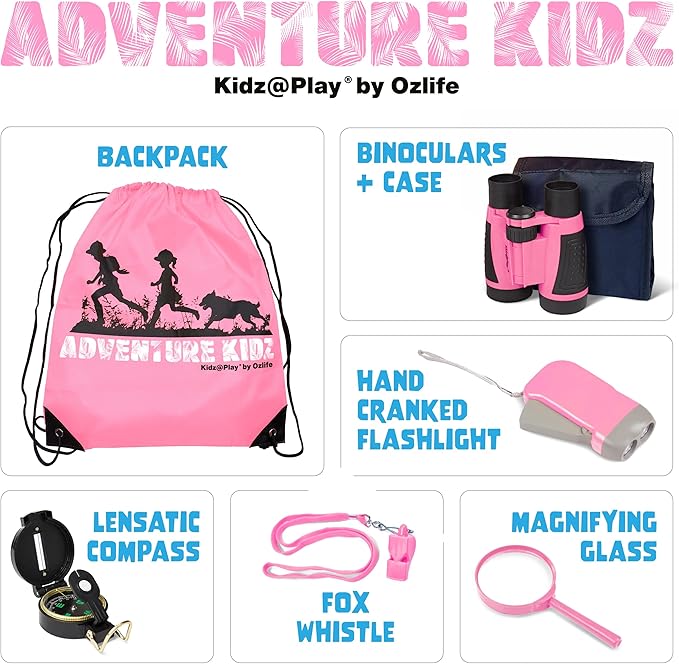 Adventure Kidz - Outdoor Exploration Kit, Children’s Toy Binoculars with Case, Flashlight, Compass, Fox Whistle, Magnifying Glass, Backpack. Great Gift Set for STEM, Pretend Play