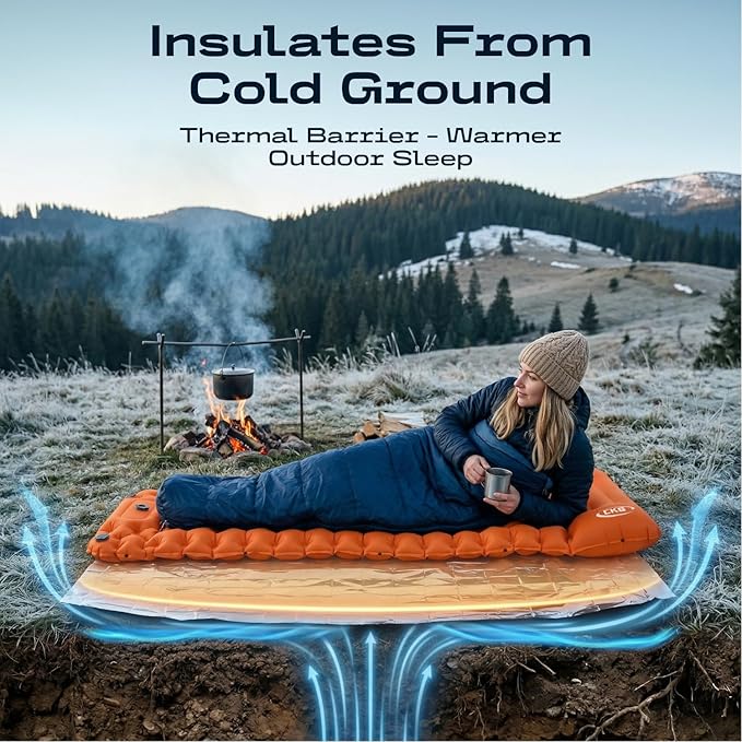 CKG Camping Sleeping Pad with Thermal Barrier, Ultralight Camping Mat 4in Thick with Pillow, Built-in Foot Pump Inflatable Sleeping Pad for Hiking Tent Road Trip Car Camp Travel Gear, Orange