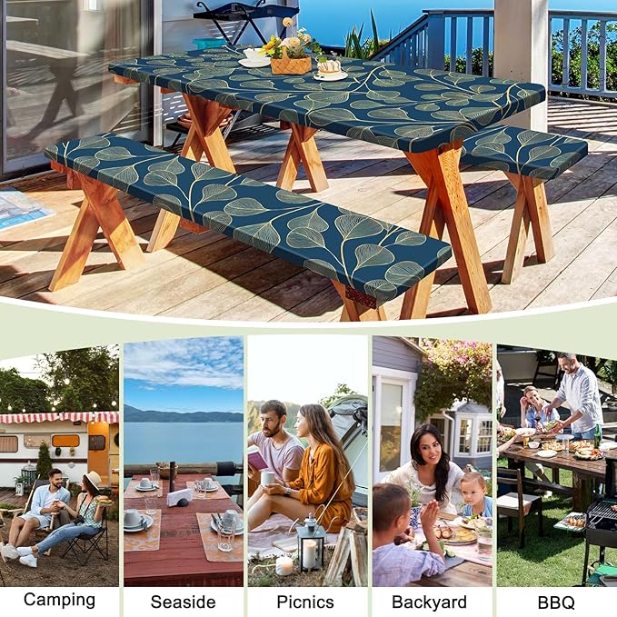 Picnic Table Cover with Bench Covers Portable Table Cloth Built-in Storage Pocket Fitted Tablecloth with Elastic Edges Waterproof Camping Essentials for Indoor Outdoor Rv,72in,Blue-gray