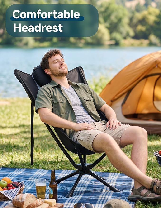East Oak Swivel Camping Chair – High-Back Portable Folding Chair with Pillow, Sets Up in Seconds, Supports Up to 350 lbs, Compact Lightweight Backpacking Chair for Hiking, Beach, and Sports Events