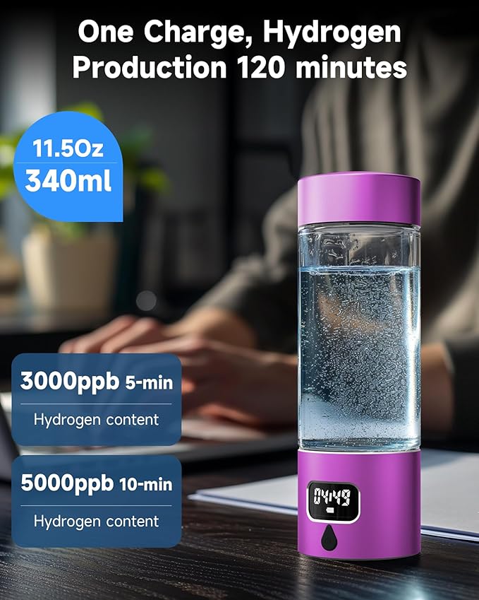 340ml Portable Hydrogen Water Bottle Generator with PEM-SPE Technology, Glass Exterior & Aluminum Shell, Produces 5000 ppb Hydrogen in 10 Minutes, for Home, Gym, Office & Travel