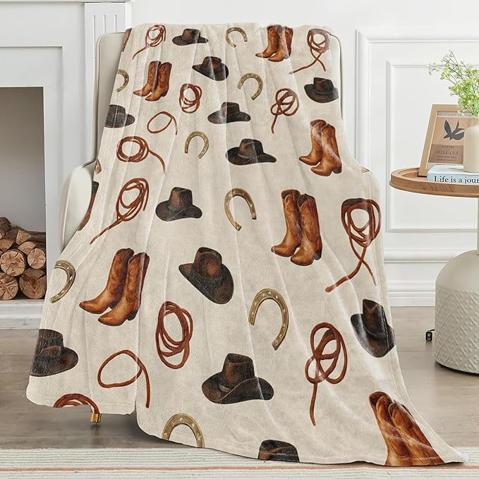 Western Cowboy Blanket with Hat,Boot and Rope Throw Blankets Lightweight Flannel Throws for Camping Couch Chair Office Bed Rustic Country Style Home Decor Gifts for Adults,80x60inch