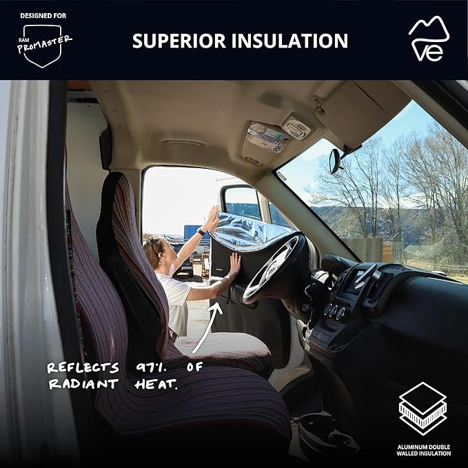 VanEssential Insulated Reflective Blackout Front Door Window Covers Designed for RAM Promaster Van Years 2014 to Current Model (Pair) - Black Reflective
