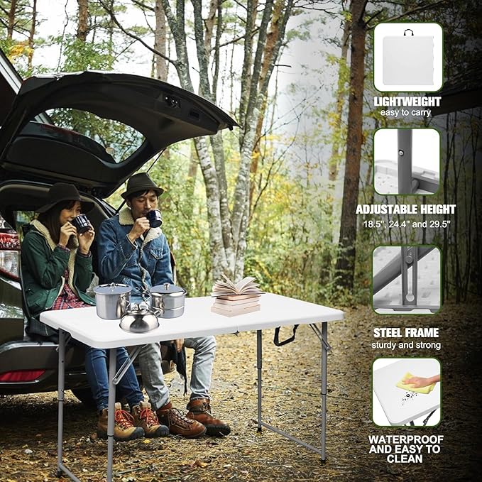 Byliable Folding Table 4 Foot Portable Heavy Duty Plastic Fold-in-Half Utility Table Small Indoor Outdoor Adjustable Height Folding with Carrying Handle, Camping and Party,White | Portable, Heavy Duty, Fold-in-Half, Indoor Outdoor, Adjustable Height, F...