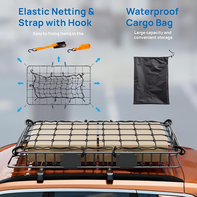 TUFFIOM 250lbs 64 x 39 x 6 inch Extendable Roof Top Cargo Carrier Basket w/Net+Storage Bag+Straps, Heavy Duty Rooftop Luggage Holder Steel Rack for SUV Car Truck Van Travel Camping
