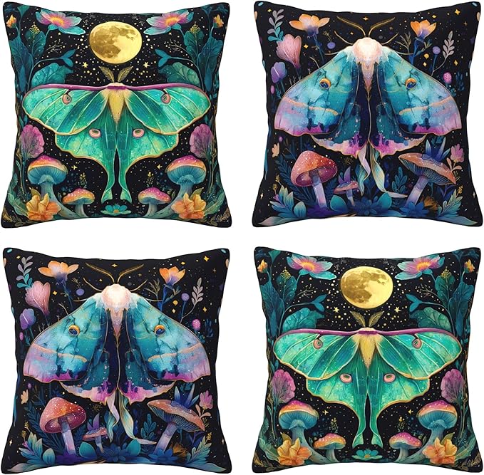 Flowers Moth Throw Pillow Covers 18 X 18 Inch Set of 4 Decorative Cushion Cover Home Decor for Sofa Chair Couch Bedroom Living Room