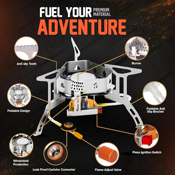 3500W Camping Stove, Backpacking Windproof Camp Stove with Piezo Ignition Carrying Case and 2 Additional Adapters, Compatable with Isobutane, Propane, Butane Tanks, Portable and Collapsible