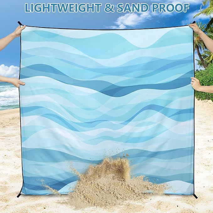 HIHOHO Beach Blanket Waterproof Sandproof Beach Mat for 1-8 Adults Quick Drying Durable Outdoor Picnic Mat for Beach Festival Travel Camping Hiking (Ocean Wave-Multi Blue, 79"×83"(4 Person))