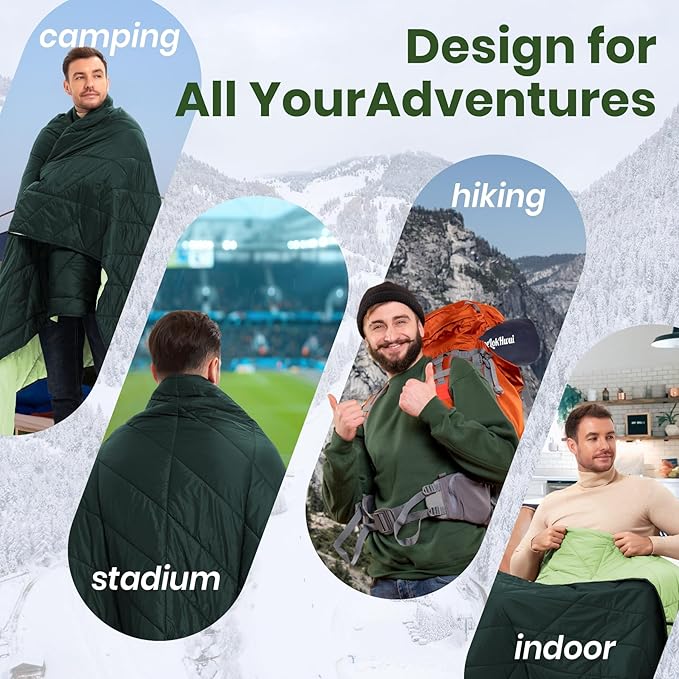 Outdoor Puffy Blanket, Reversible Warm Camping Blanket, Water-Resistant, Packable, Lightweight, Camping Quilt, for Stadium, Backpacking, Hammock, Picnic. 79"x55". Teal Green.
