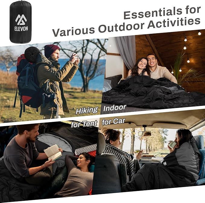 Elevon Sleeping Bag for Adults Teens Kids Cold Warm Weather, Portable Waterproof & Lightweight, Compact with Compression Sack, for 3-4 Seasons Camping, Backpacking, Hiking, Travel, Indoors Outdoors